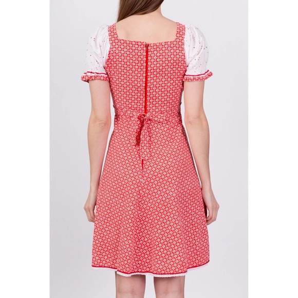 70s Red & White Floral Puff Sleeve Mini Dress - Extra‎ Small - Picture 5 of 6